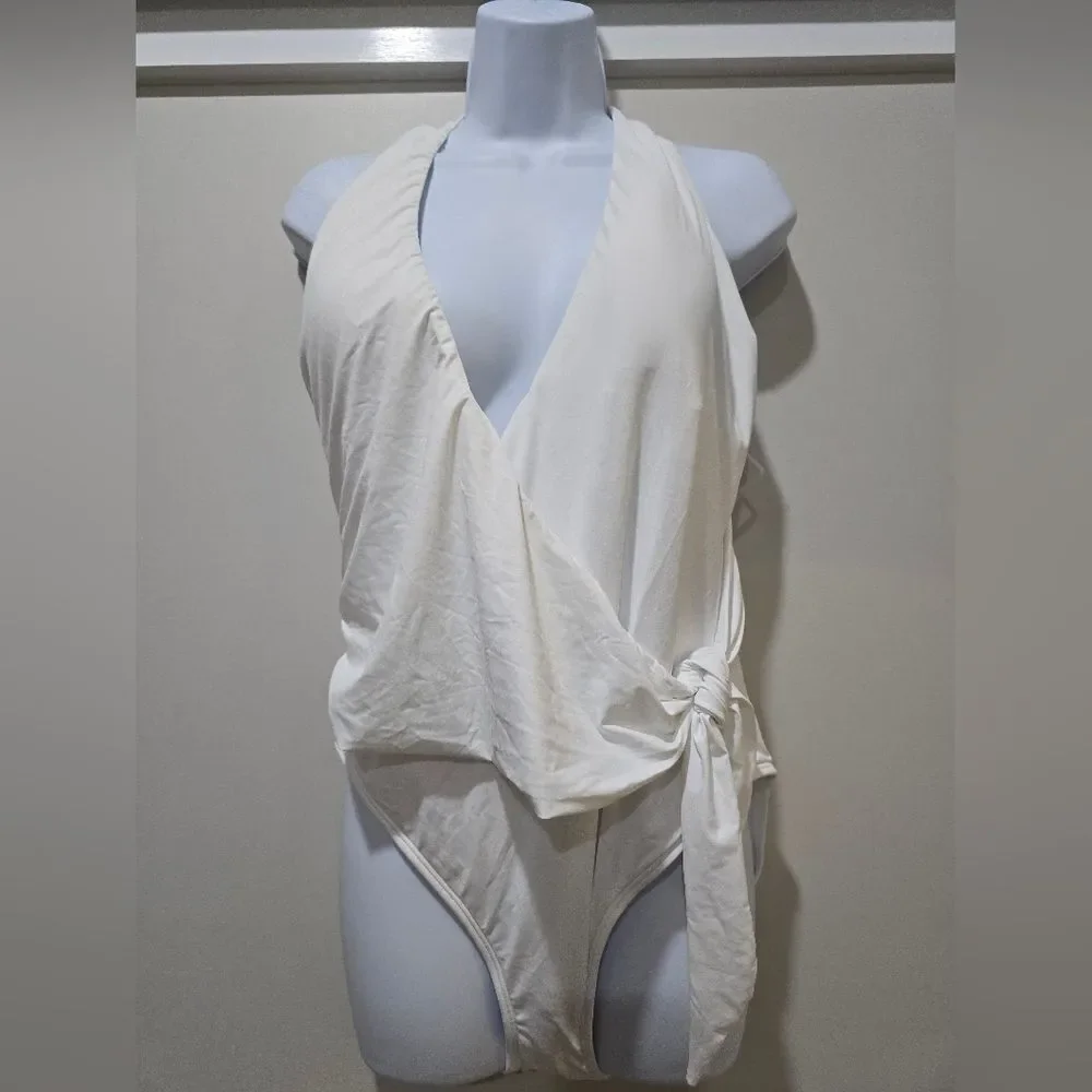 Lauren Ralph Lauren Beach Club Halter Wrap One-Piece Swimsuit NWOT Sz 16 White
